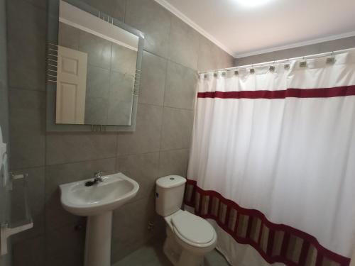 La salle de bains est pourvue de toilettes blanches et d'un lavabo. dans l'établissement Trinares de Olmue, à Granizo