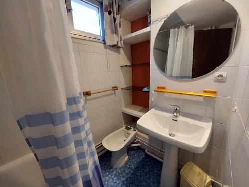 une salle de bain avec un lavabo, des toilettes et un miroir dans l'établissement Studio centre station avec balcon, parking, près des pistes pour 4 pers - FR-1-516-42, à Les Deux Alpes