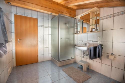 La salle de bains est pourvue d'une douche en verre et d'un lavabo. dans l'établissement Appartement Alpenliebe, à Bichlbach
