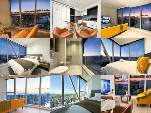 uma colagem de fotografias de um quarto de hotel em Melbourne CBD Apt with Free Car Park Ocean View em Melbourne