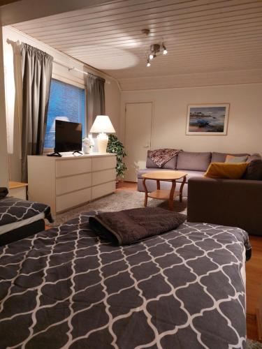 a living room with a bed and a couch at Koskentien kotimajoitus & Luxury Glamping in Jämsä
