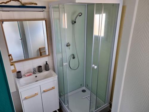 une salle de bain avec une douche en verre et un lavabo dans l'établissement La Cabane de Chantovan ~ 300m de l'océan, à Mimizan