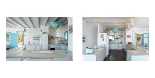 duas fotos de uma casa de banho com branco e azul em Morfia Villas em Piso Livadi