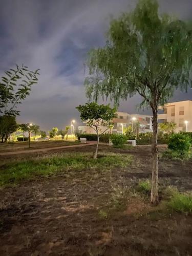 a tree in a field with buildings in the background at Superbe Appartement avec Piscine - 5 min de la Plage à Imi Ouaddar in Imi Ouaddar