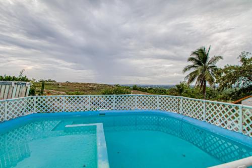 uma piscina azul numa varanda com uma palmeira em Gavra Cabana at Bella Vue Estate em Georgeville