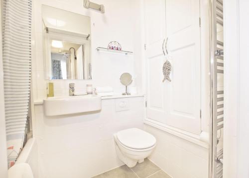 Baño blanco con aseo y lavamanos en Beautiful Aberdovey Seafront Apartment 2 en Aberdyfi