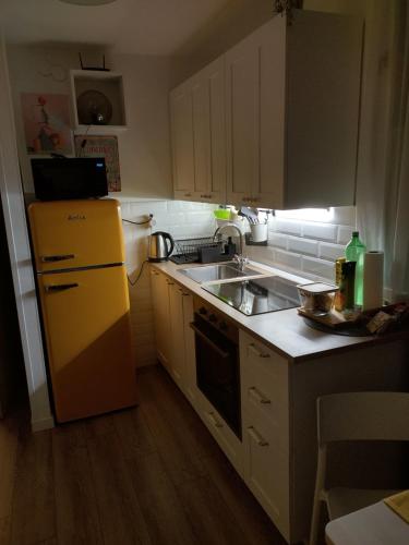 Apartman 7th Heaven في زغرب: مطبخ مع ثلاجة صفراء ومغسلة