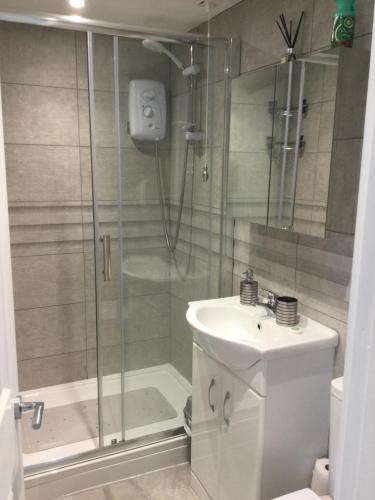 a bathroom with a shower and a toilet and a sink at Leafy Lytham central Lovely ground floor 1 bedroom apartment with private garden In Lytham dog friendly in Lytham St Annes