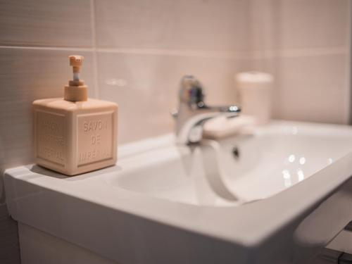 - un lavabo dans la salle de bains avec un distributeur de savon dans l'établissement L'annexe Clermont Ferrand, à Clermont-Ferrand