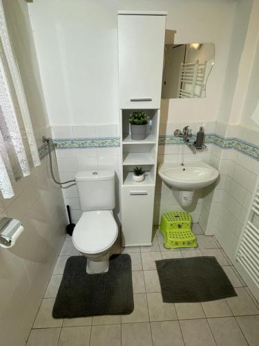 La salle de bains est pourvue de toilettes et d'un lavabo. dans l'établissement Chata na Cihelně, à Nové Město na Moravě