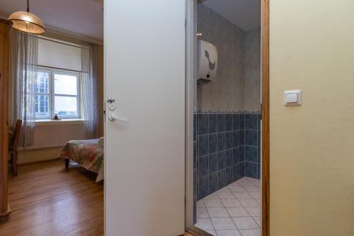 y baño con ducha de azulejos azules. en Püha Vaimu külalistemaja en Tallin