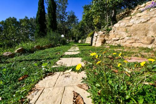 a stone walkway with yellow flowers in a park at Dream House in Piazza Armerina