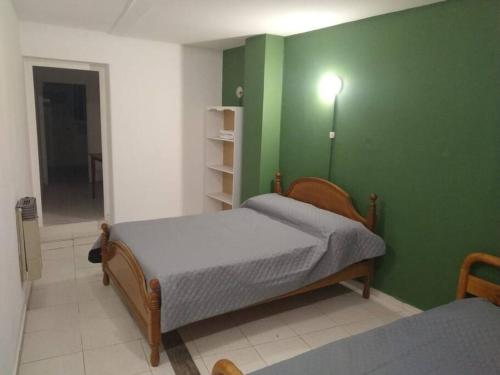 1 dormitorio con 2 camas y pared verde en Alojamiento del Valle en Godoy Cruz