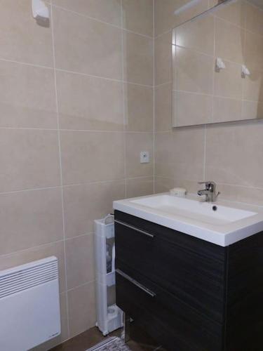 une salle de bain avec un lavabo et un miroir dans l'établissement La Cabane au Sud ~300 m de l'Océan, à Mimizan