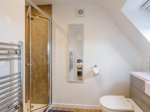 a bathroom with a toilet and a shower at Home Farm Lodge in Baston