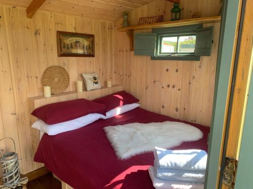 een slaapkamer met een bed met rode en witte kussens bij Suzie - Uk41184 in Wootton Bridge