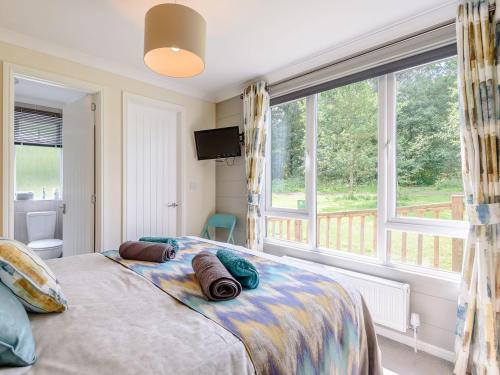 a bedroom with a bed and a large window at Bryn Teg in Maesmynis