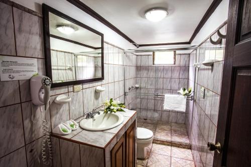 a bathroom with a sink and a toilet and a mirror at Mar Inn Costa Rica in Monteverde Costa Rica