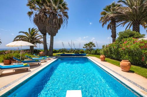 una piscina con sillas y palmeras en Casa Piranhas, en Carvoeiro