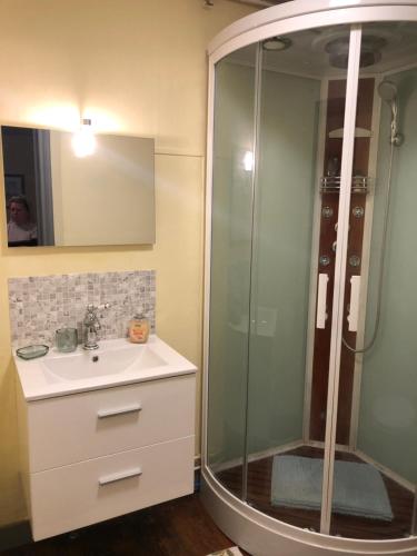 W łazience znajduje się prysznic i umywalka. w obiekcie Les Forges w mieście Saint-Sornin-la-Marche