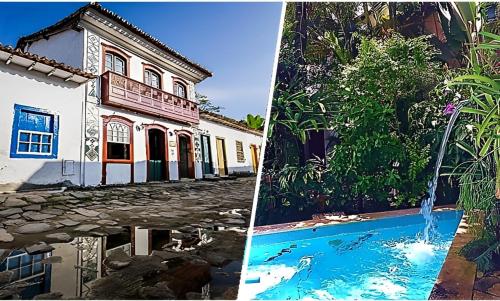 duas fotos de uma casa e uma piscina em Pousada Arte Colonial - Casarão Histórico do Séc XVIII em Paraty