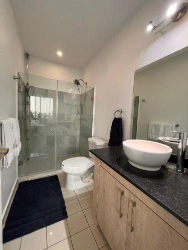 a bathroom with a sink and a toilet and a shower at AriaOcean#410 in Nuevo Vallarta