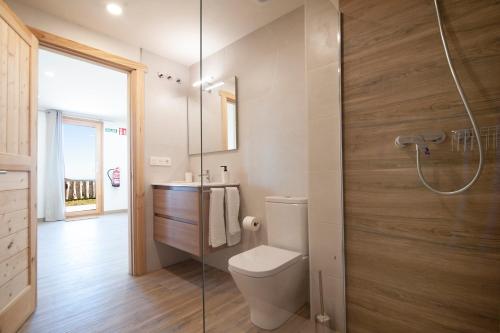 a bathroom with a toilet and a glass shower at La Asomada de Vidular in Bárcena de Cicero