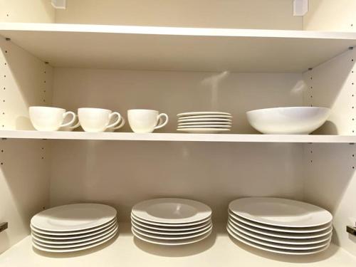 a bunch of plates and cups on a shelf at Lux Apartment Ski&Golf in Kranjska Gora