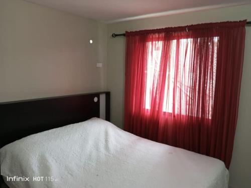 a bedroom with a bed and a red curtain at Lindo apartamento in Daule