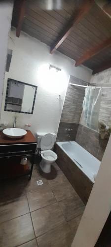 a bathroom with a tub and a toilet and a sink at Casa quinta ramallo in Ramallo