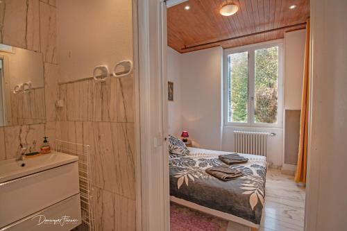 a bedroom with a bed and a sink and a mirror at VILLA ILIXON - Appartements privés proche du centre de Luchon, parking, billard, jardin in Luchon