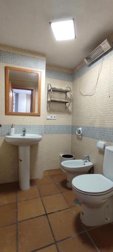 a bathroom with two toilets and a sink and a mirror at ARTTYFAL ESTUDIO CON VISTAS y ENCANTO in Sierra Nevada