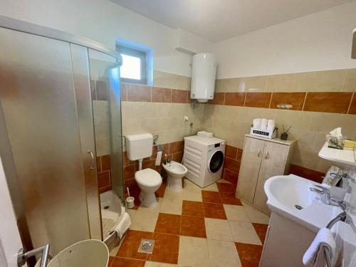 y baño con ducha, aseo y lavamanos. en Apartments Villa Herak, en Poreč