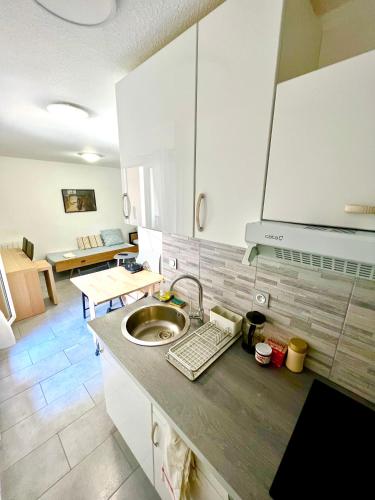 une cuisine avec un évier et un plan de travail dans l'établissement Studio équipé - Canal du Midi à Toulouse, à Toulouse