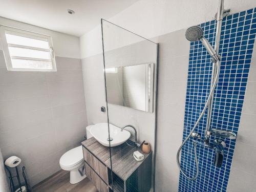 a bathroom with a toilet and a sink and a shower at TIKI street side Studio with shared water front terrace at Grand Case in Grand Case