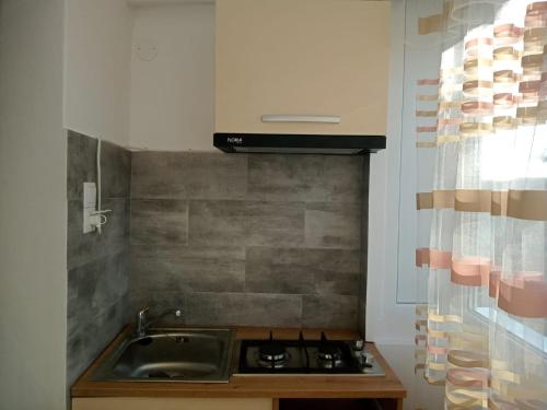 a small kitchen with a sink and a stove at Criss Apartament in Suceava