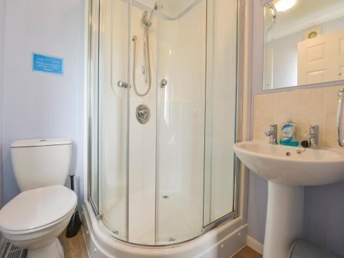 a bathroom with a shower and a toilet and a sink at Dartmoor View in Exeter