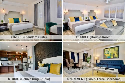 een collage van vier foto's van een hotelkamer bij Rio Suites in Tijuana