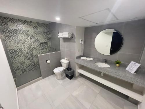ein Badezimmer mit einem Waschbecken, einem Spiegel und einem WC in der Unterkunft Hacienda Mazatlán sea view in Mazatlán