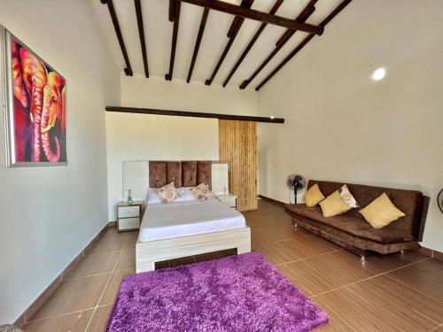 1 dormitorio con 1 cama y 1 sofá en Medusa Hostel Isla Tintipan, en Tintipan Island