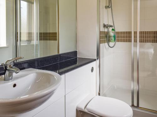 a bathroom with a sink and a shower and a toilet at Lime Court in Leatherhead