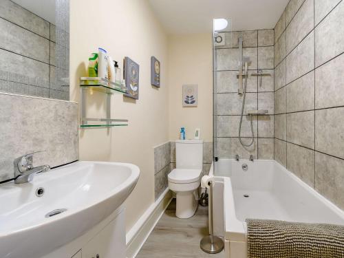 een badkamer met een wastafel, een toilet en een douche bij Cozy Lodge in Barton upon Humber
