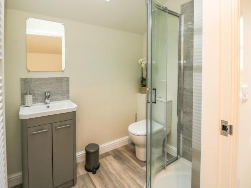 a bathroom with a toilet and a sink and a shower at The Barn in Shrewsbury