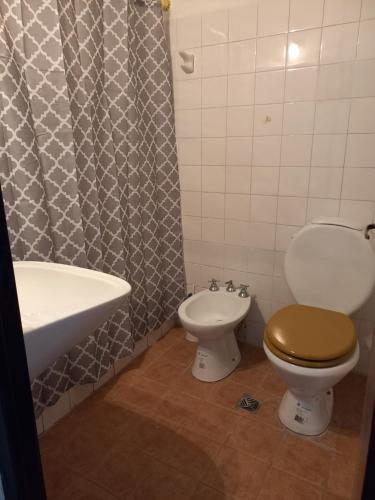 a bathroom with a toilet and a sink and a shower curtain at Temporario Salta in Salta