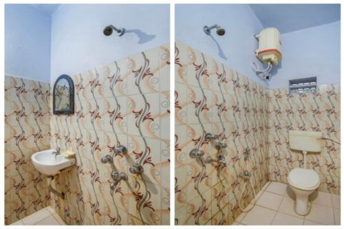 two pictures of a bathroom with a toilet and a sink at Labanya Lodge in Konārka