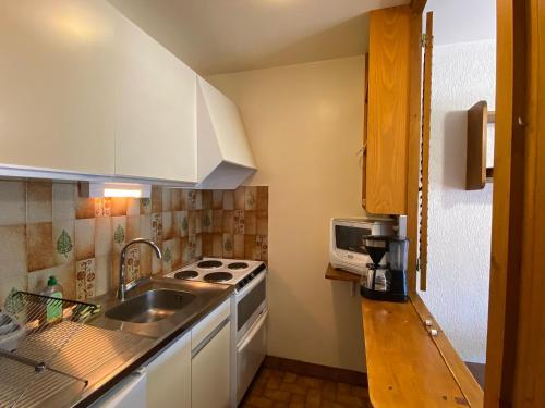 mała kuchnia ze zlewem i kuchenką w obiekcie Appartement 2 Pièces avec Terrasse et Parking, Centre Village à La Clusaz, Proche Pistes et Commerces - FR-1-437-96 w mieście Clusaz