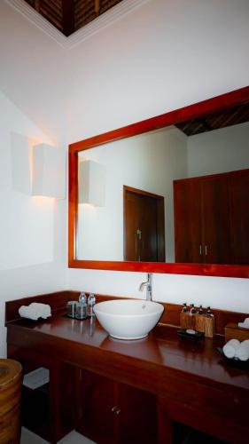 a bathroom with a sink and a large mirror at The Lotus Residence by Amerta Experience in Tabanan