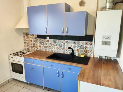 cocina azul con fregadero y fogones en Appartement 76m2 lumineux centre ville garage privé 3ieme étage sans ascenseur en Fougères