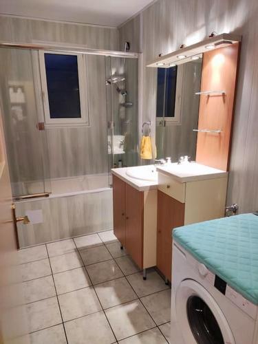 une salle de bain avec un lavabo et une machine à laver dans l'établissement Appartement 76m2 lumineux centre ville garage privé 3ieme étage sans ascenseur, à Fougères