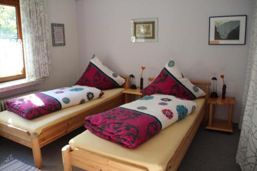 two beds with pillows on them in a room at Frauenpension Arleta - Women only in Goslar